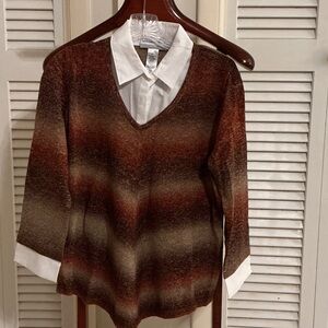 Alfred Dunner V-Neck Sweater in Brown and Cream